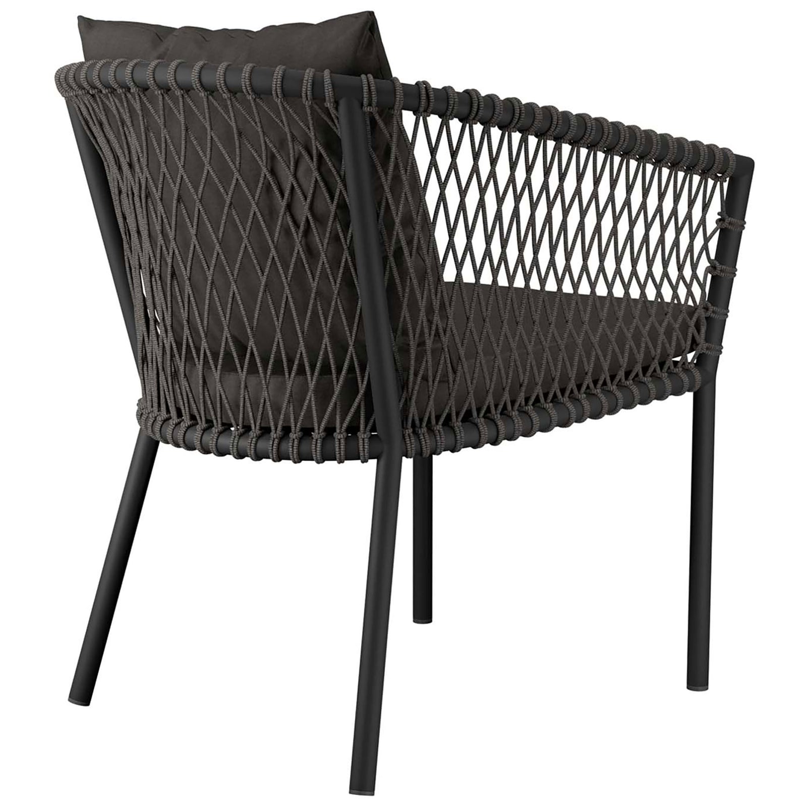 Outdoor rope dining armchair showcasing the curved lattice back and tapered legs || EEI-5040-CHA-CHA || back_angle_studio