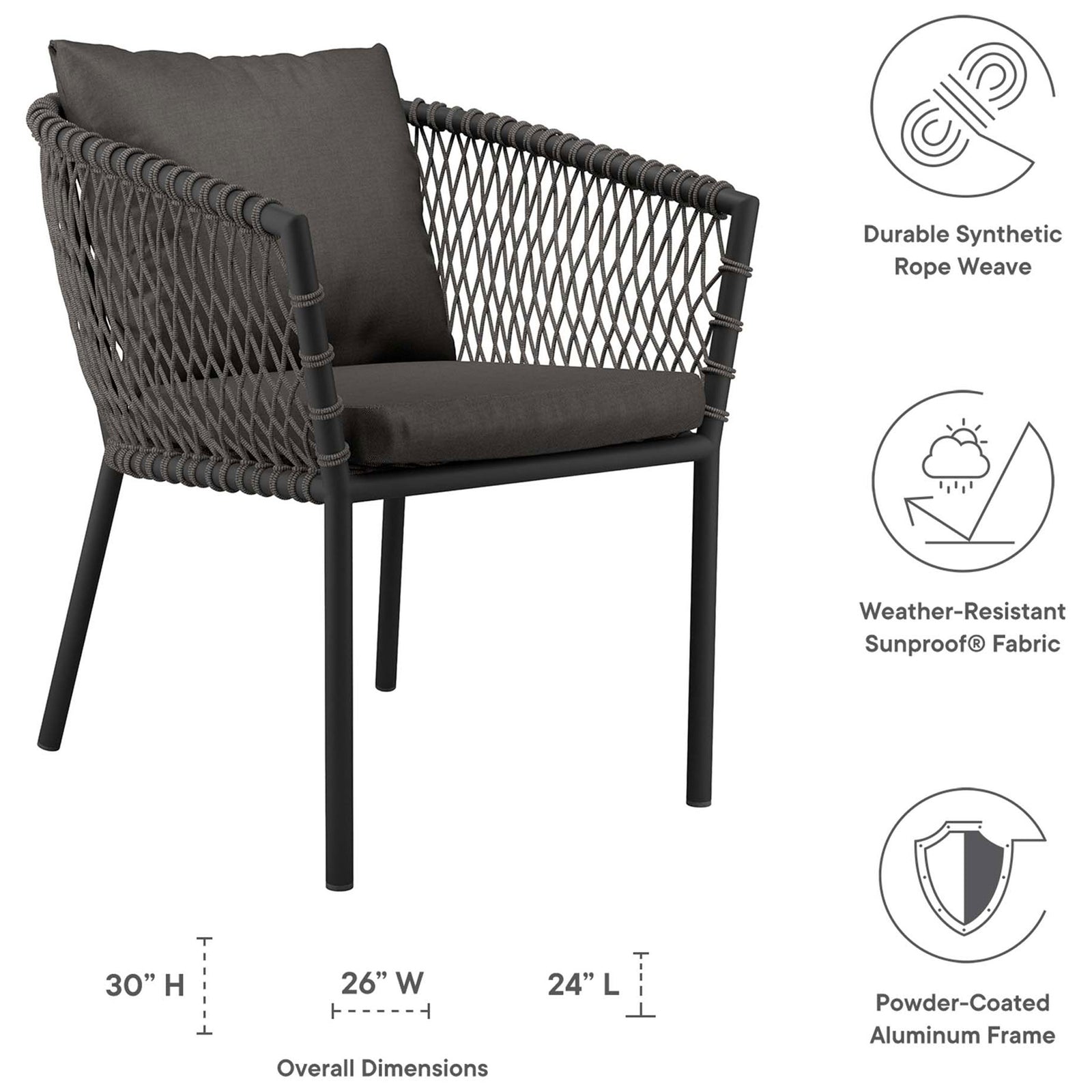 Outdoor dining armchair with icons calling out synthetic rope weave, weather-resistant fabric, and dimensions || EEI-5040-CHA-CHA || dimension_studio