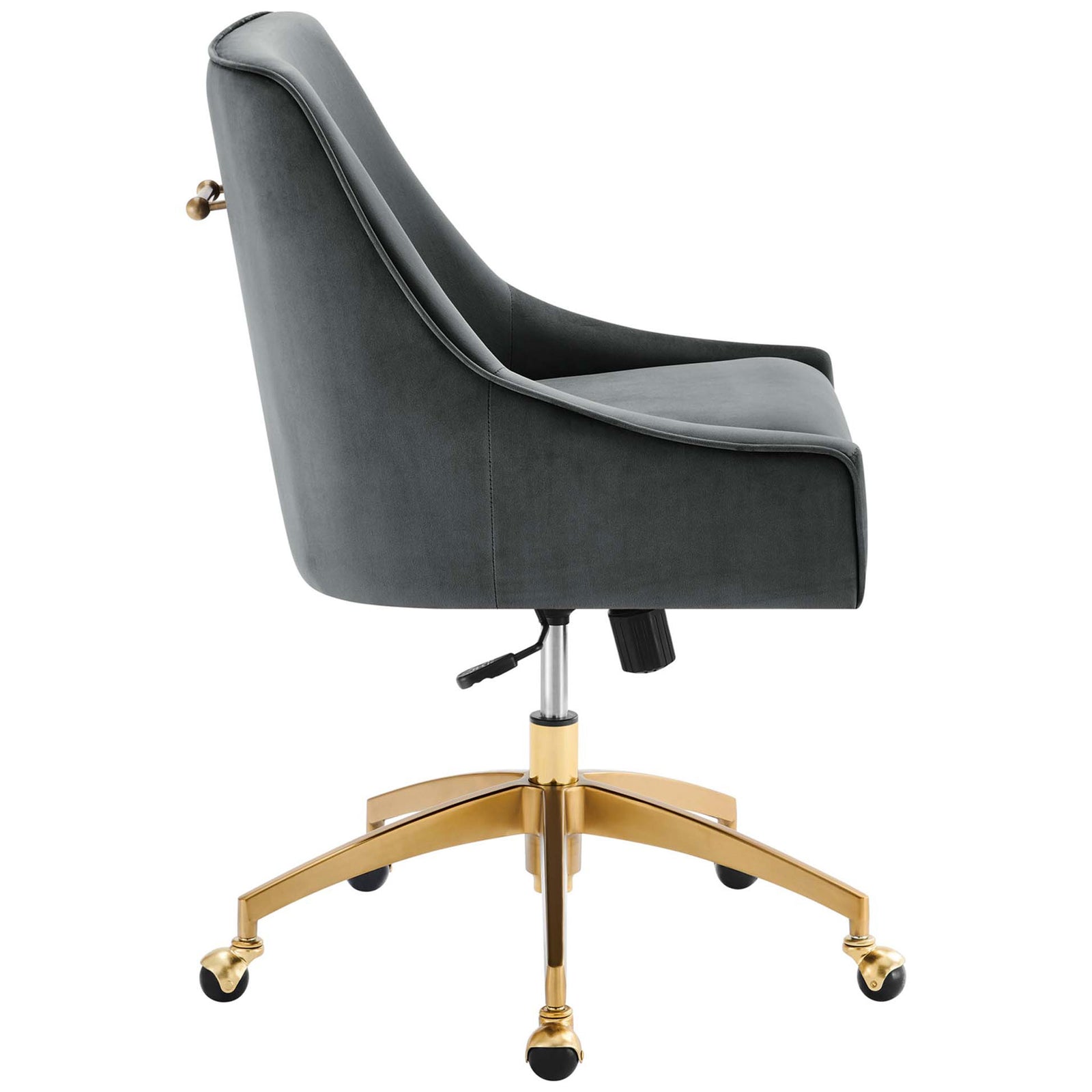 Streamlined gray velvet office chair with gently reclined back and thickly padded seat. || EEI-5079-GRY || side_studio