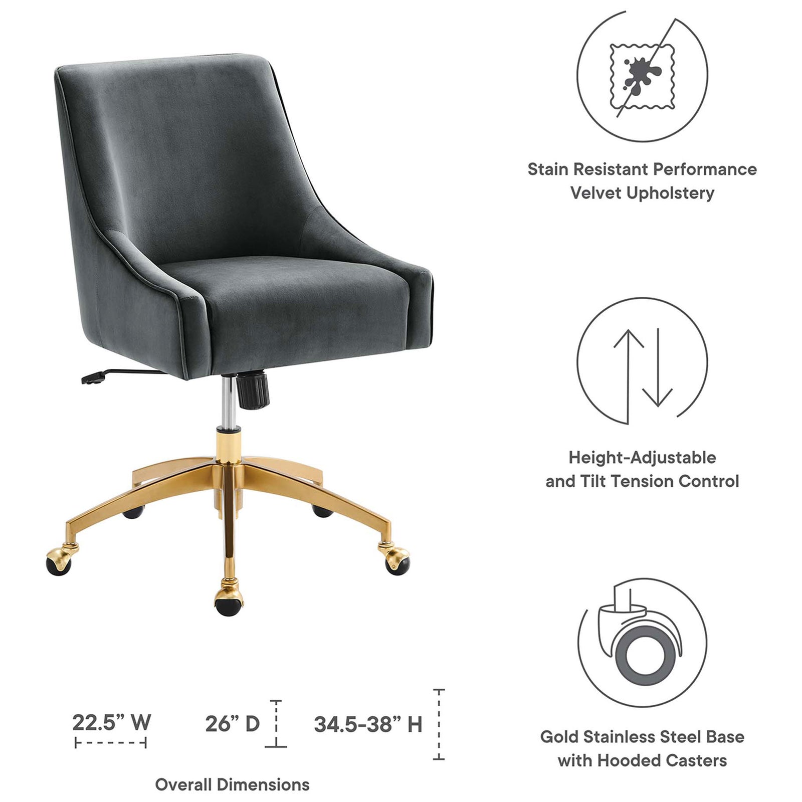 Gray velvet office chair with height adjustment, tilt control, and diagram of key ergonomic dimensions. || EEI-5079-GRY || dimension_studio