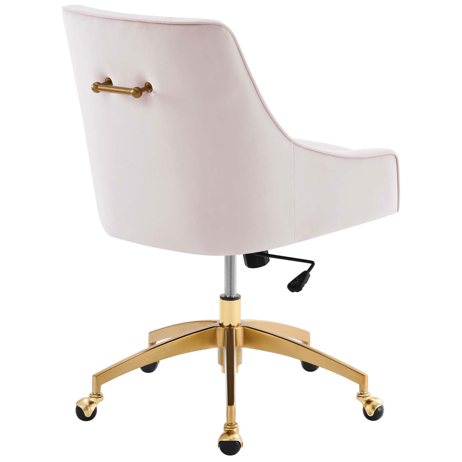 Pink velvet office chair featuring a decorative gold handle and matching wheeled base || EEI-5079-PNK || back_angle_studio