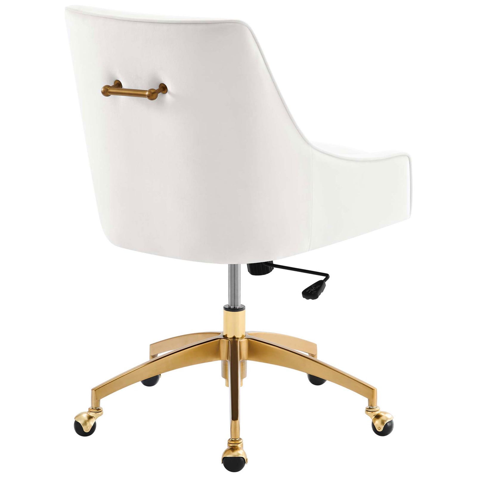 White office chair back with smooth performance velvet upholstery and decorative gold handle detail || EEI-5079-WHI || back_angle_studio