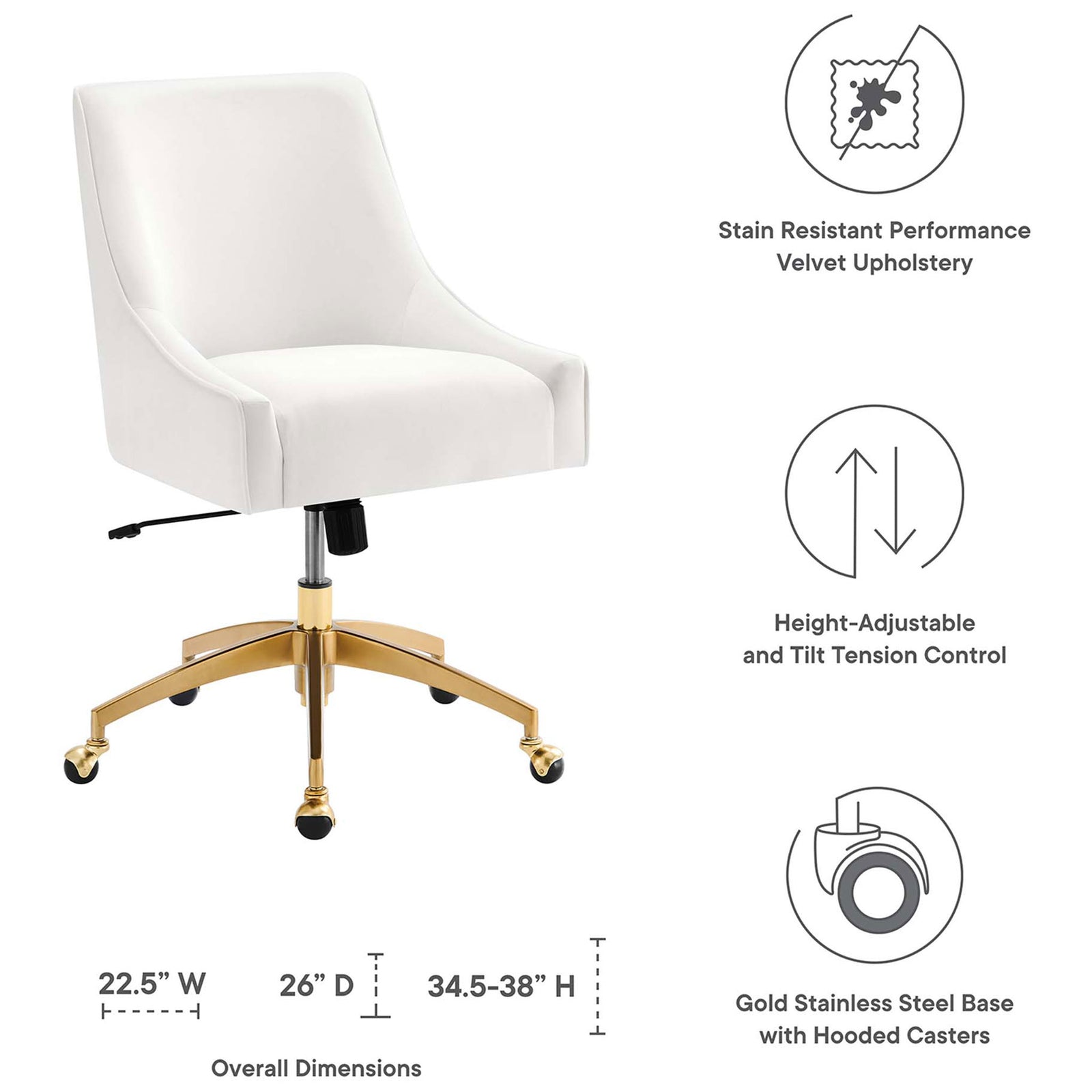 White performance velvet office chair with printed dimensions and icons highlighting adjustable features || EEI-5079-WHI || dimension_studio