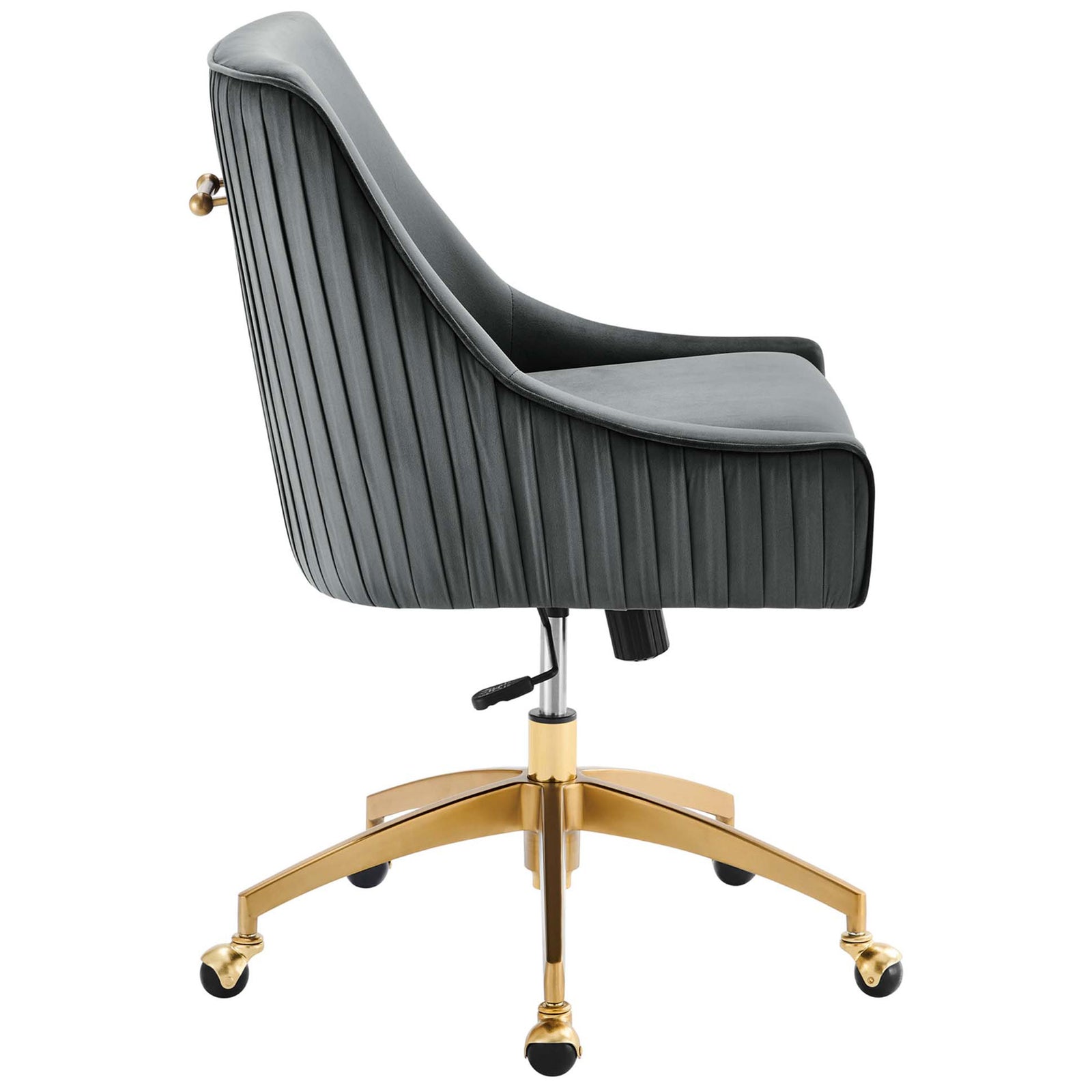 Gray velvet task chair showing the slim profile, pleated sides, and gold base with hooded casters || EEI-5080-GRY || side_studio