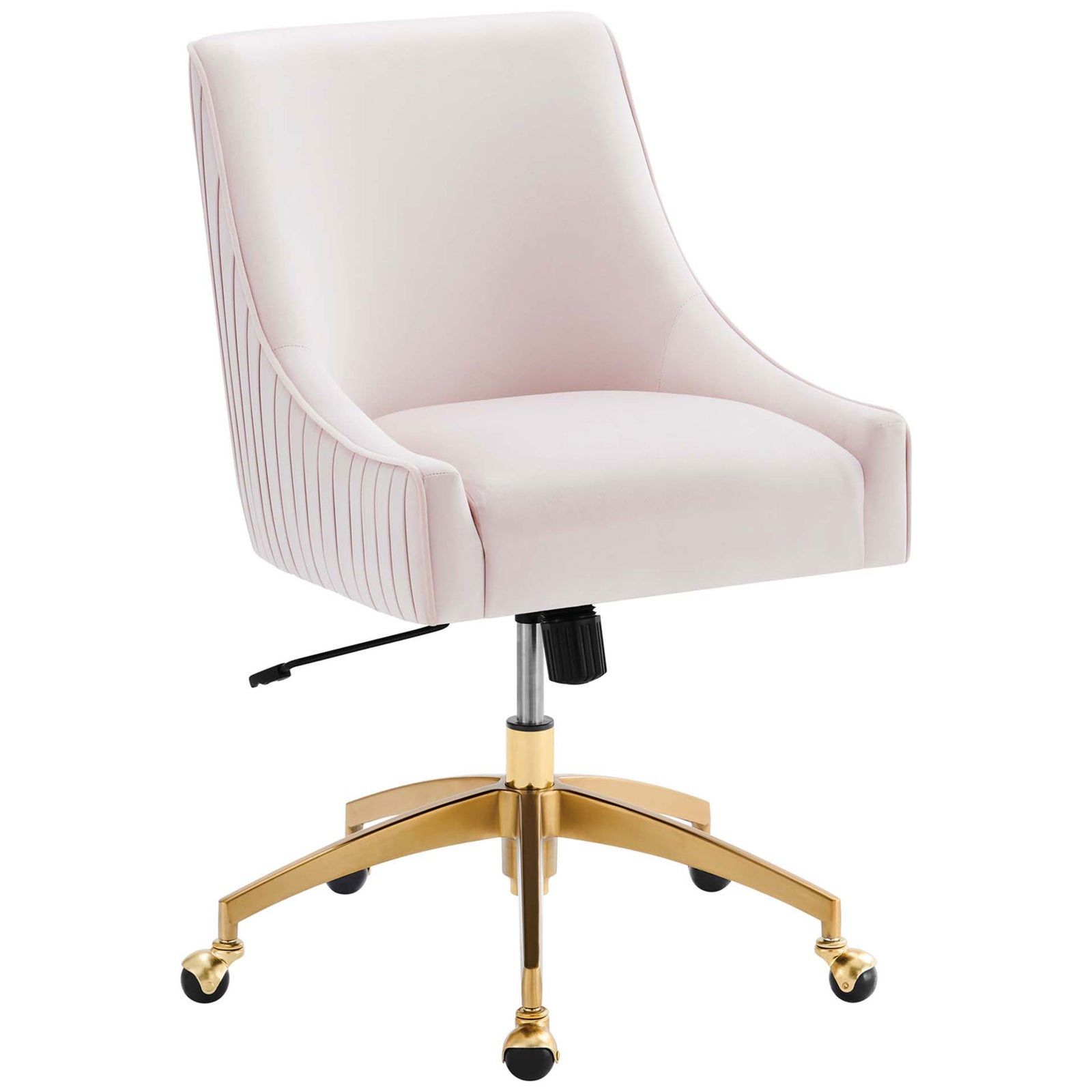Blush pink velvet office chair with sloping arms, pleated sides, and a polished gold swivel base || EEI-5080-PNK || front_angle_studio