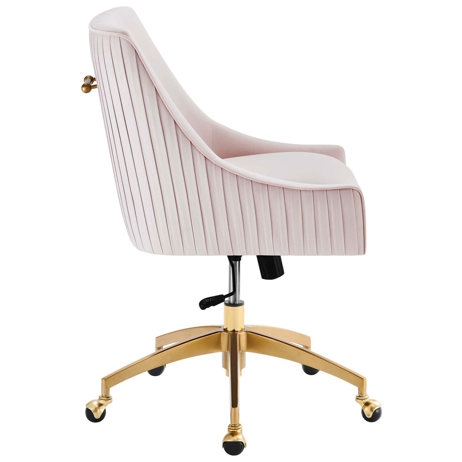 Pink velvet office chair displaying its curved pleated shell, height lever, and gold base with rolling casters || EEI-5080-PNK || side_studio