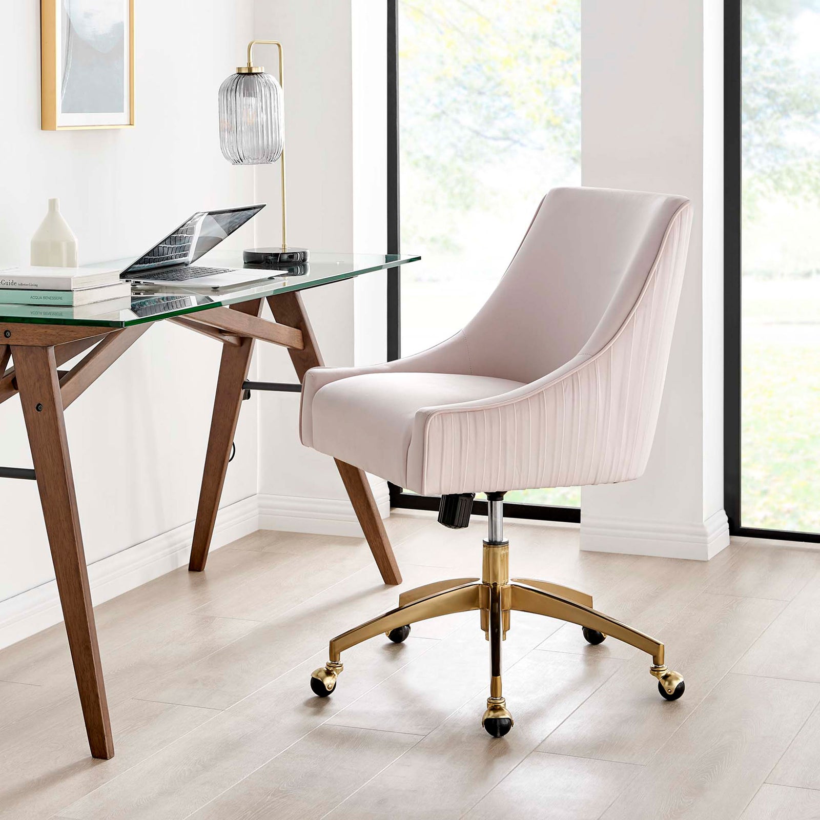 Pink velvet office chair adding glam comfort beside a modern glass desk in a bright home office || EEI-5080-PNK || front_angle_room
