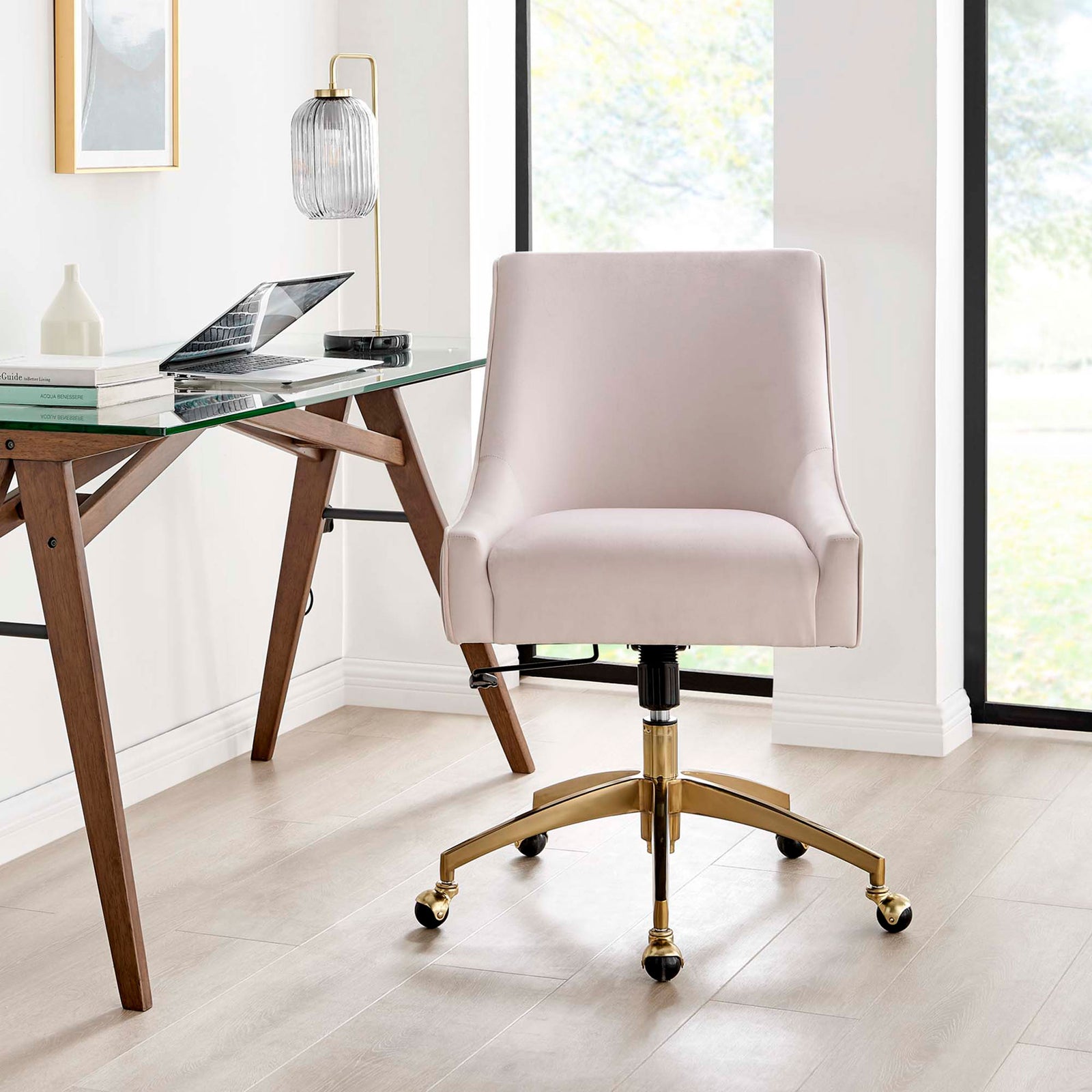 Pink velvet office chair bringing soft texture and gold shine to a clean, minimalist workspace by a large window || EEI-5080-PNK || front_room