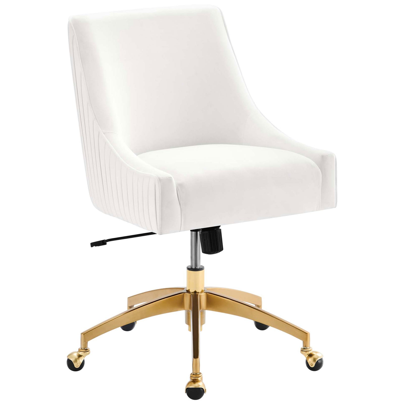 White performance velvet office chair with sloping arms and gold swivel base for chic everyday comfort || EEI-5080-WHI || front_angle_studio