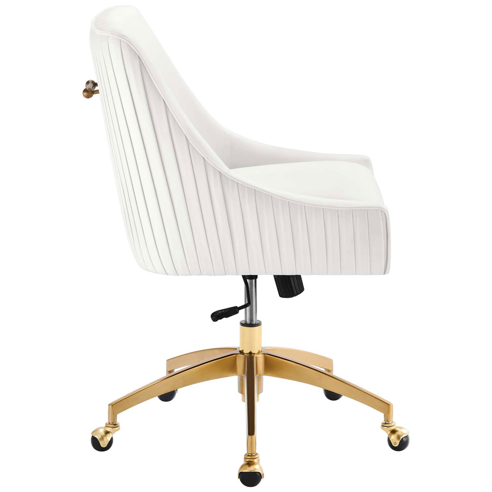 Sleek low-profile office chair showcasing vertical channel tufting and plush white performance velvet upholstery || EEI-5080-WHI || side_studio