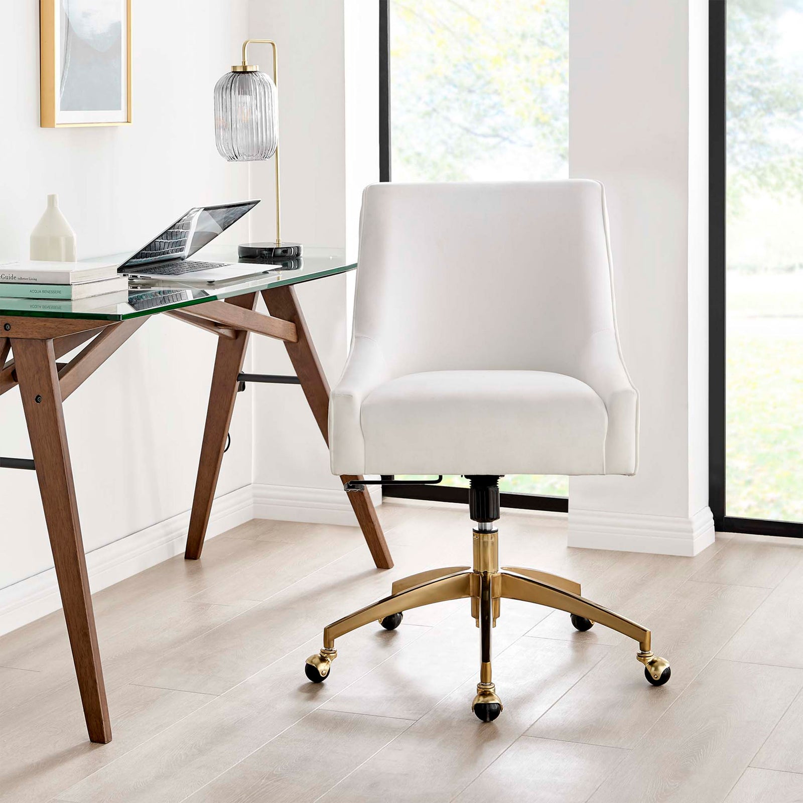 White performance velvet swivel chair adding soft texture and shine to a contemporary home office corner || EEI-5080-WHI || front_room
