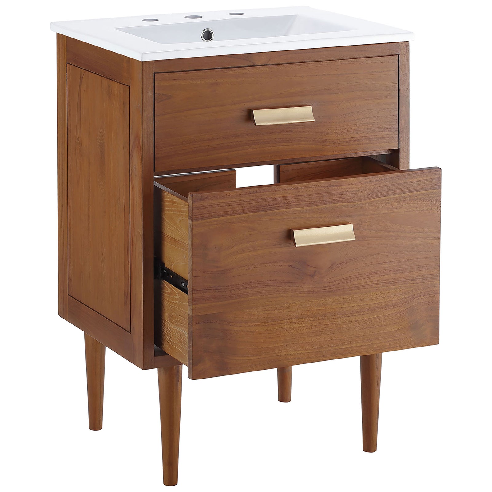 Dual drawers provide organized storage beneath the ceramic sink and modern brass pulls. || EEI-5108-NAT-WHI || front_angle_open_studio