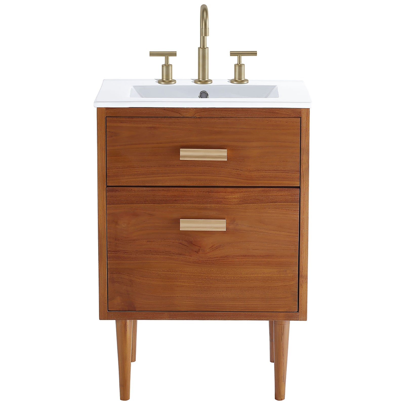Teak vanity shown with a widespread faucet, highlighting the integrated basin and brass pull accents. || EEI-5108-NAT-WHI || front_studio