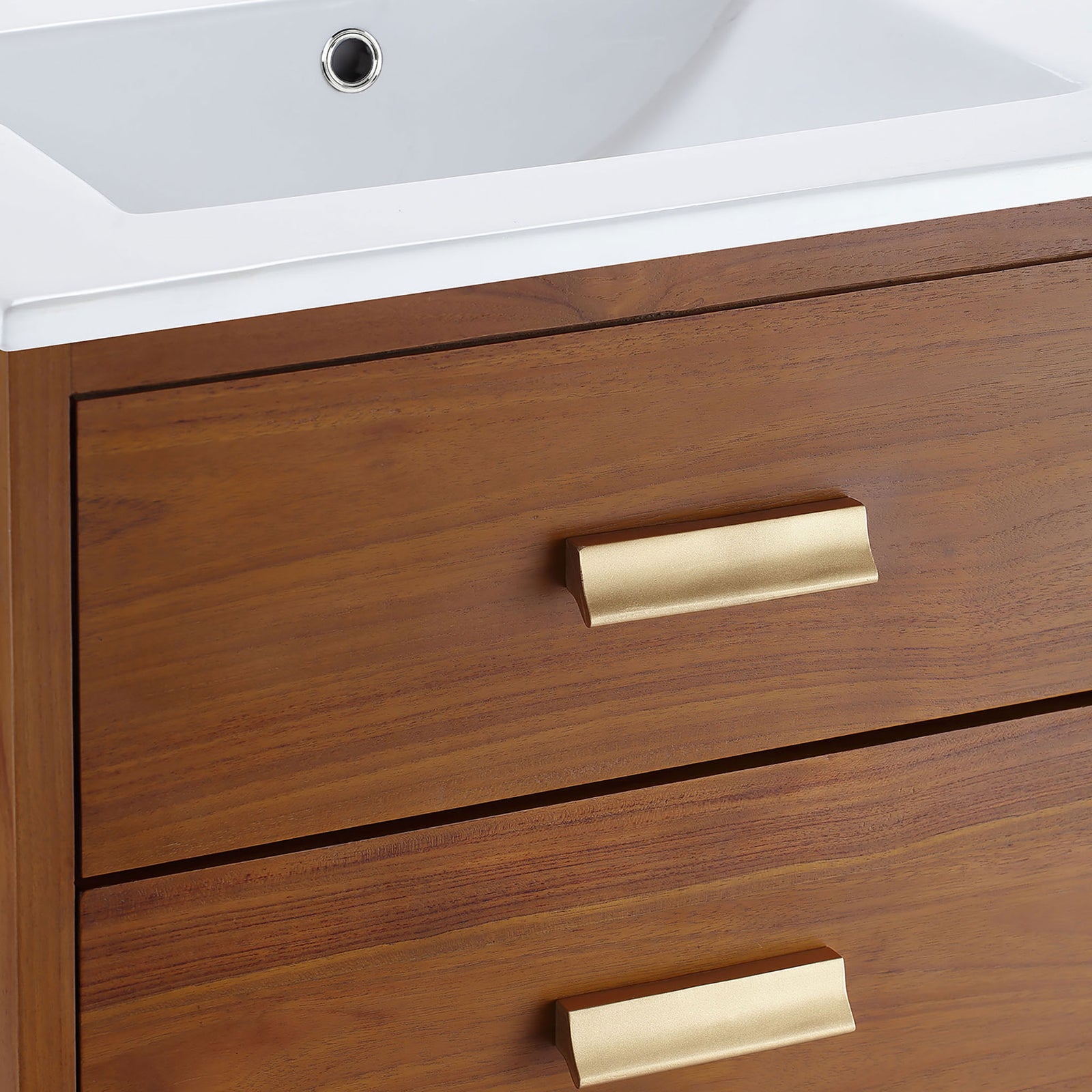 Brushed brass pulls and rich wood grain add a refined, mid-century finish. || EEI-5108-NAT-WHI || detail_studio