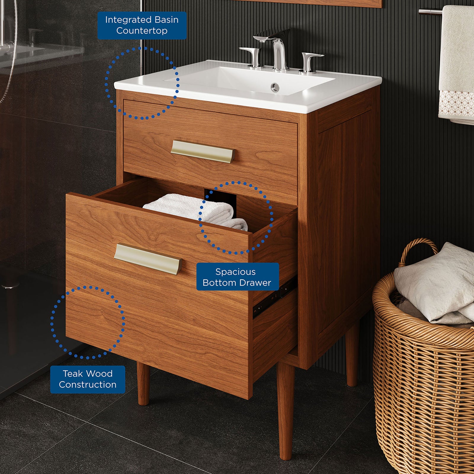 Teak wood cabinet with integrated basin countertop and a roomy bottom drawer for everyday essentials. || EEI-5108-NAT-WHI || callout_room