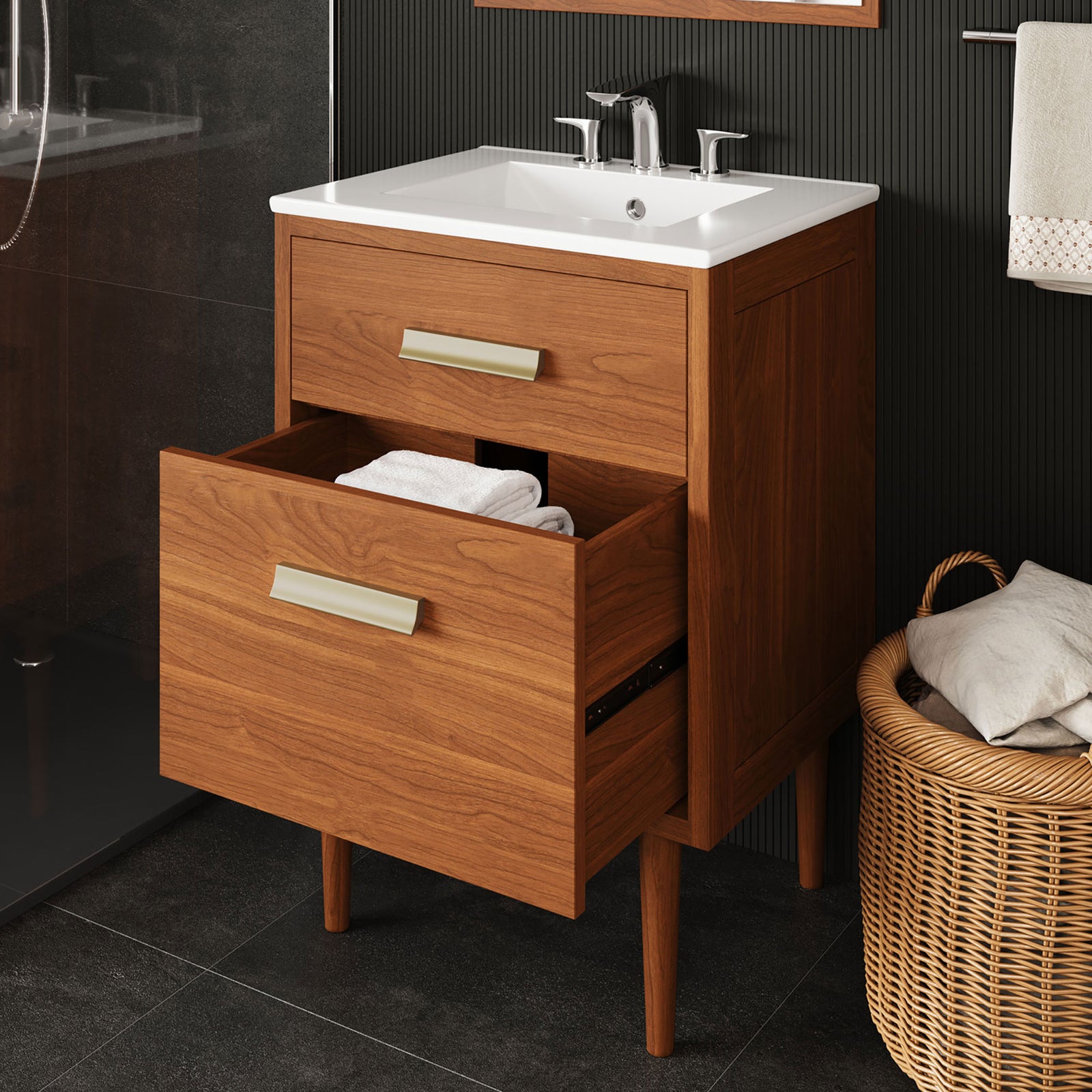 Spacious lower drawer glides smoothly to store towels and toiletries, keeping the vanity clutter-free. || EEI-5108-NAT-WHI || front_angle_open_room