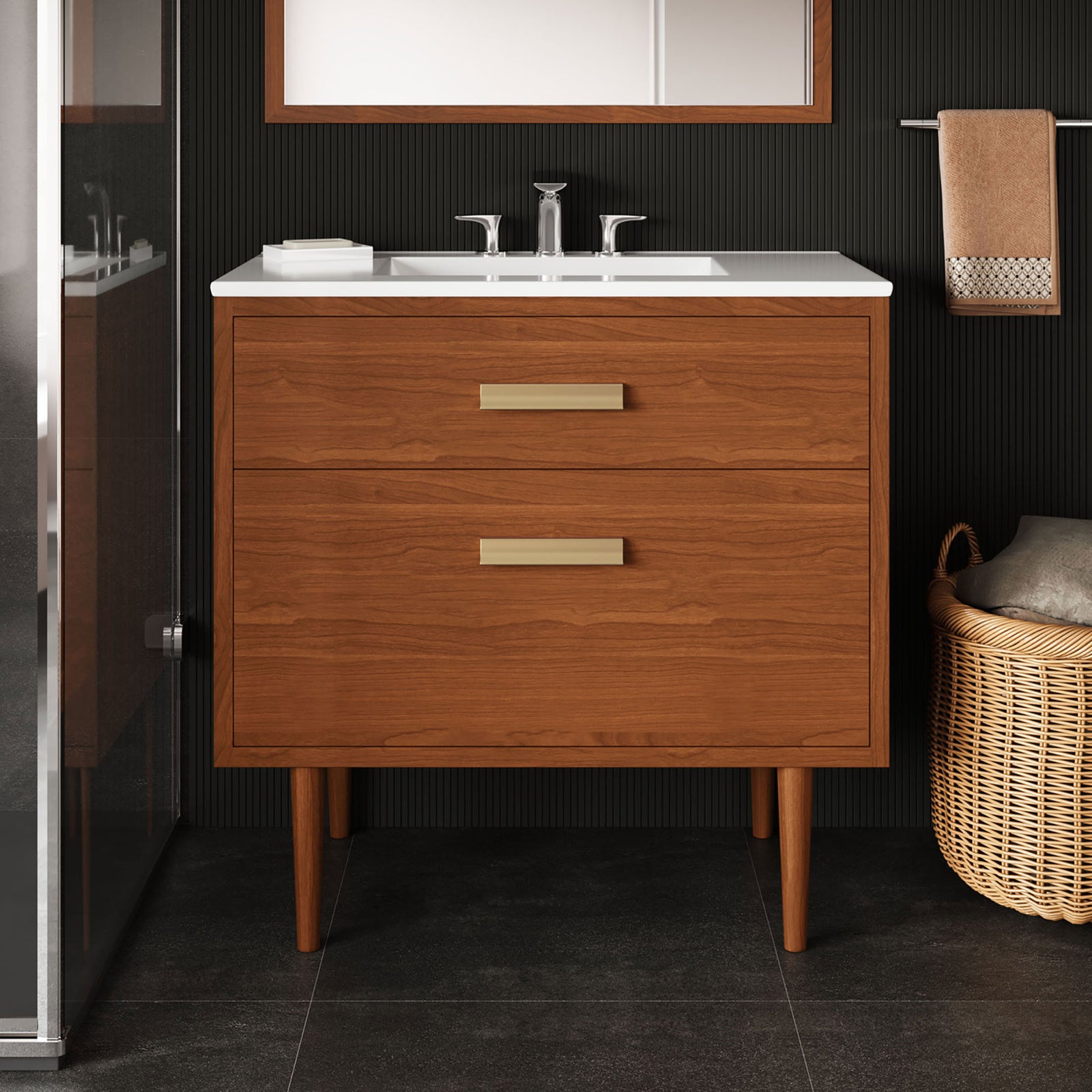Modern bath centerpiece with a white basin, warm teak cabinet, and elegant brass pulls. || EEI-5109-NAT-WHI || front_room