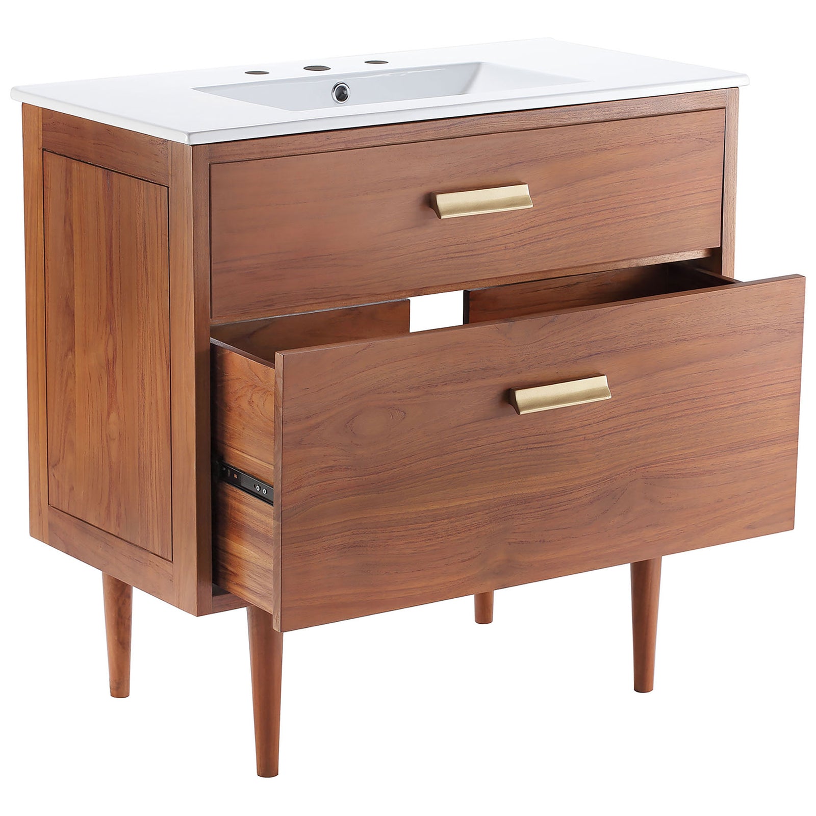 Generous storage drawers open smoothly to organize bath essentials beneath the integrated sink. || EEI-5109-NAT-WHI || front_angle_open_studio