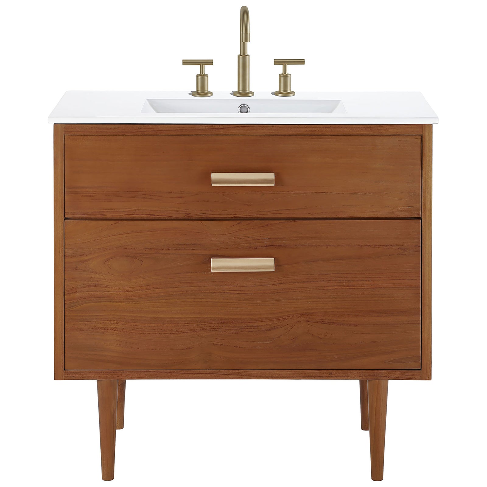 Vanity shown with a widespread faucet, emphasizing the integrated basin and brass hardware. || EEI-5109-NAT-WHI || front_studio