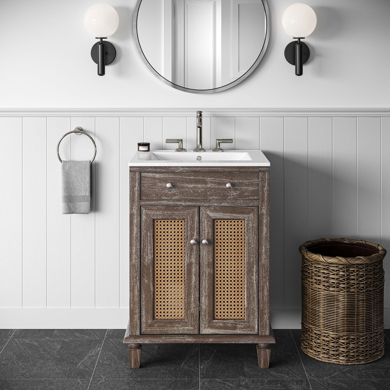 Clean coastal look with cane doors and white sink brings warmth to a modern bath. || EEI-5110-GRY-WHI || front_room