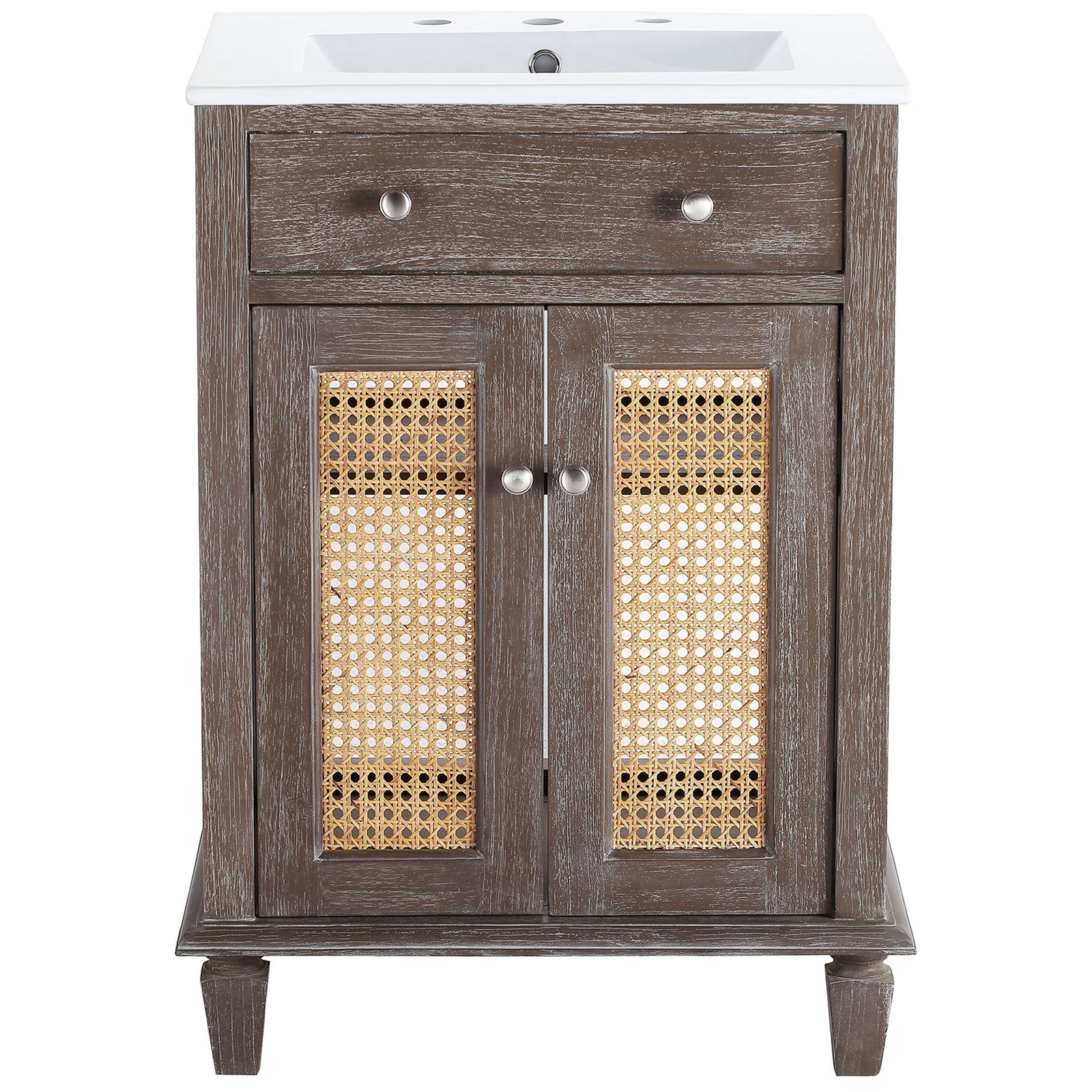 Compact 24-inch vanity in weathered gray with cane-front doors and crisp white integrated sink. || EEI-5110-GRY-WHI || front_studio