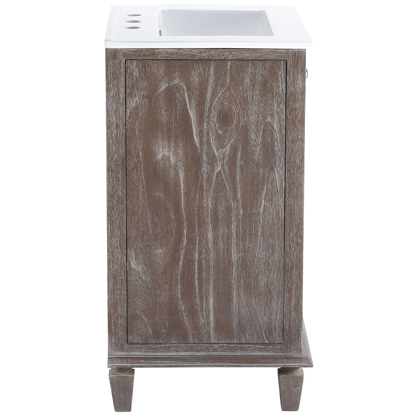 Weathered gray wood grain and clean profile highlight the side of this cane-door bathroom vanity. || EEI-5110-GRY-WHI || side_studio