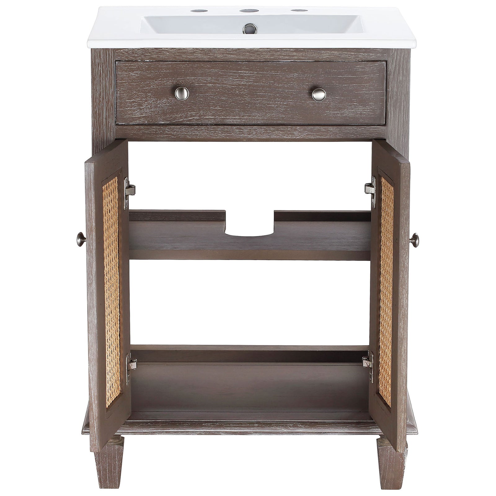 Roomy storage with interior shelf behind cane doors beneath the integrated sink. || EEI-5110-GRY-WHI || front_open_studio