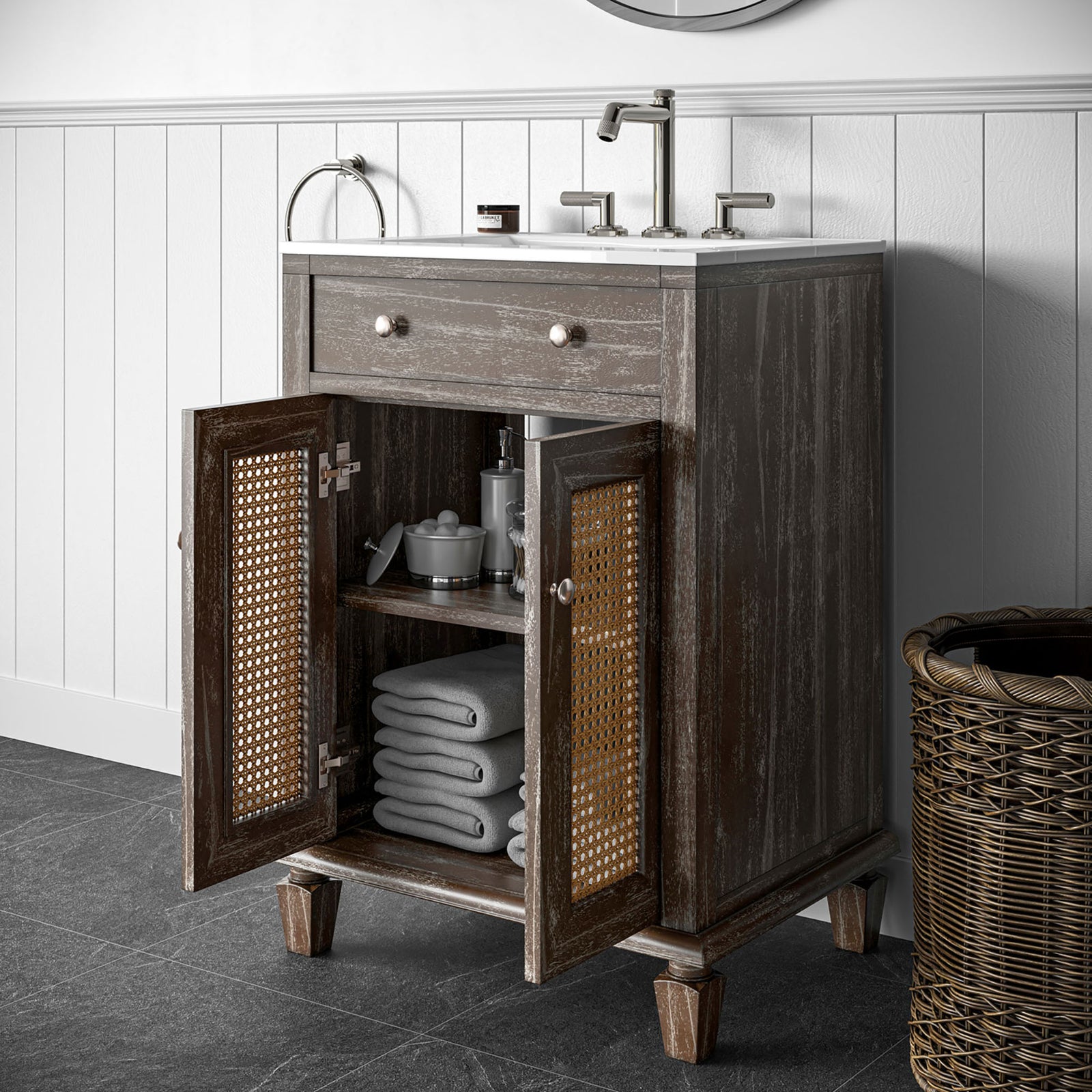 Open doors reveal interior storage with a shelf and breezy cane panels beneath the sink. || EEI-5110-GRY-WHI || front_angle_open_room