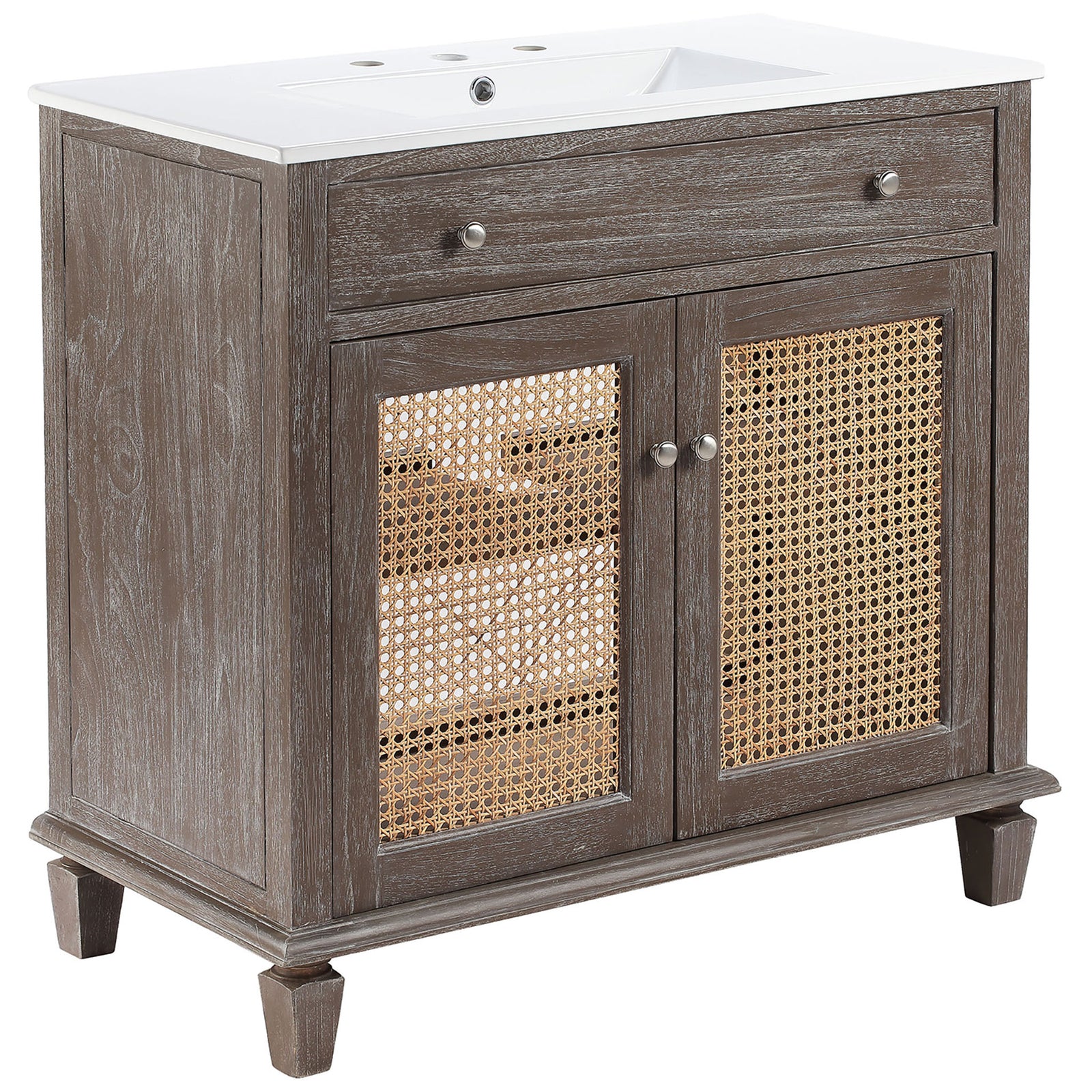 36-inch gray vanity with woven cane doors and an integrated ceramic sink on tapered legs. || EEI-5111-GRY-WHI || front_angle_studio