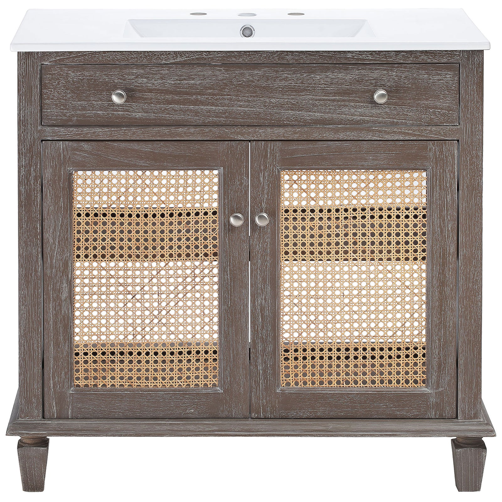 Spacious 36-inch vanity in weathered gray with cane-front doors and a seamless sink top. || EEI-5111-GRY-WHI || front_studio
