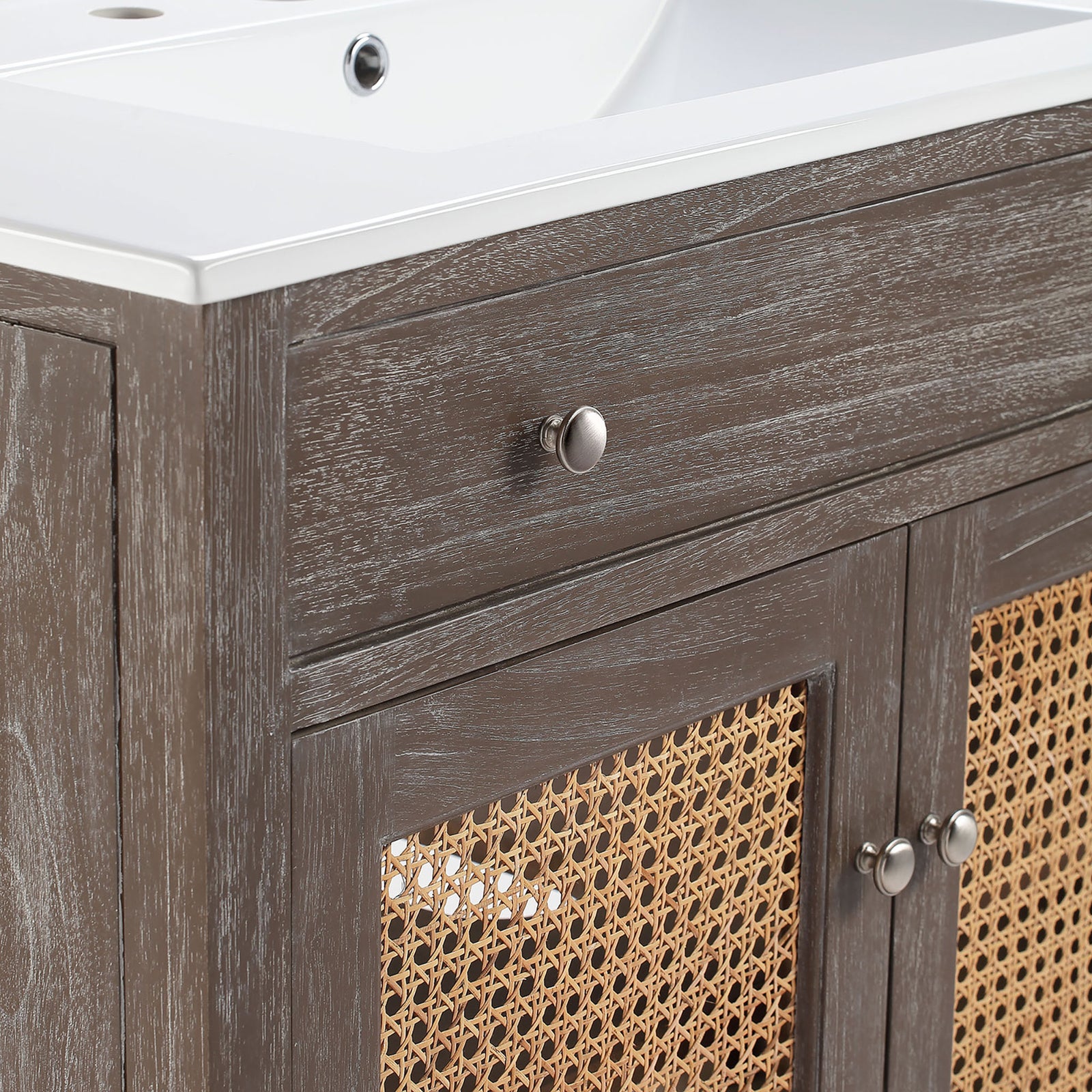 Sleek round knobs, rich grain, and woven cane texture deliver natural warmth. || EEI-5111-GRY-WHI || handle_studio