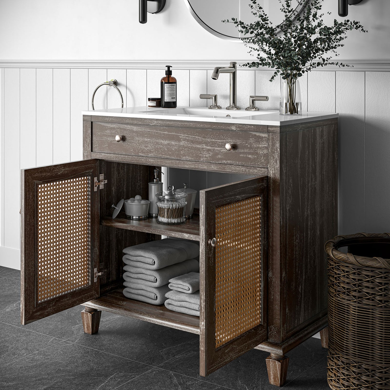 Open doors show easy-access storage and coastal cane accents. || EEI-5111-GRY-WHI || front_angle_open_room