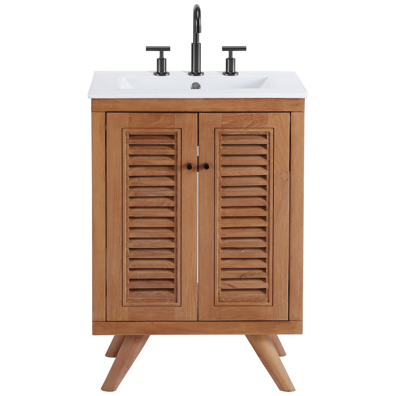 Vanity styled with widespread faucet showcases the sleek basin and shutter-style doors || EEI-5112-NAT-WHI || front_studio