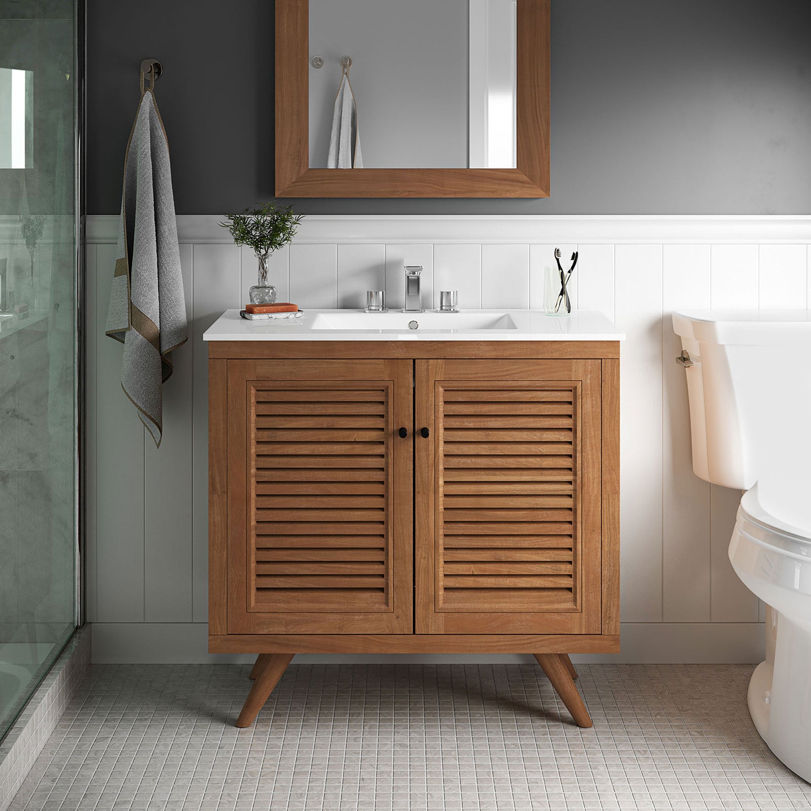 Clean-lined teak vanity centers the bathroom with airy louvered doors and white top || EEI-5113-NAT-WHI || front_room