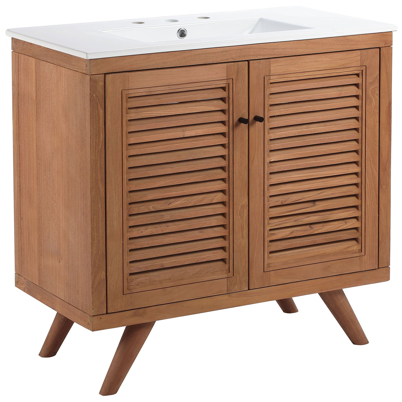 Wider teak vanity with louvered doors, tapered legs, and a white integrated ceramic basin || EEI-5113-NAT-WHI || front_angle_studio