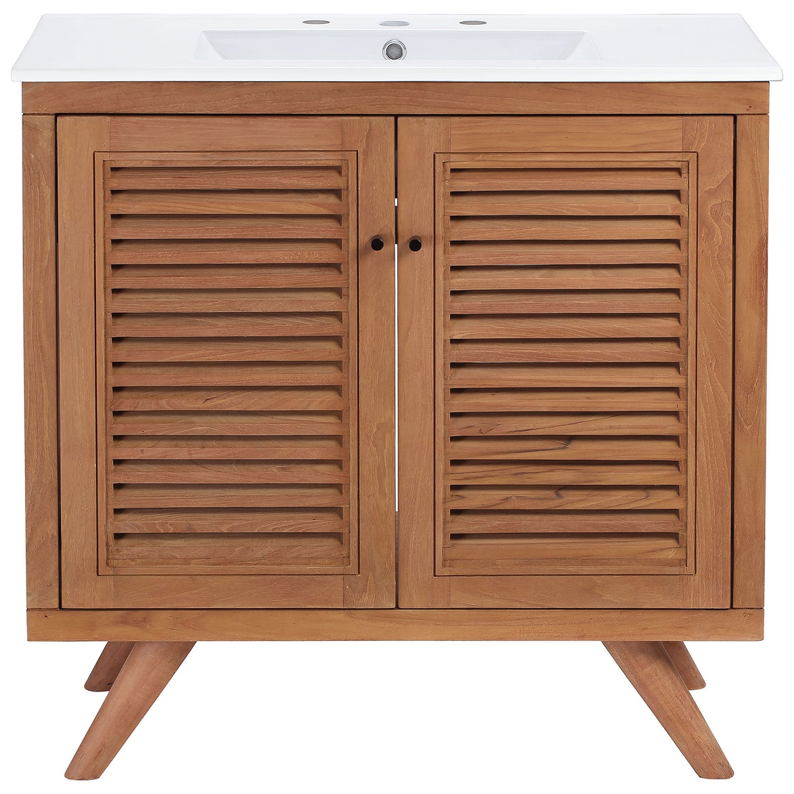 Spacious natural teak cabinet with louvered doors and a bright white basin || EEI-5113-NAT-WHI || front_studio
