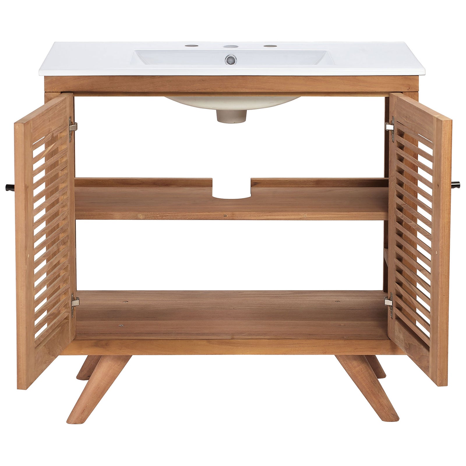 Double-door cabinet opens to generous storage with adjustable shelf and plumbing cutout || EEI-5113-NAT-WHI || front_open_studio