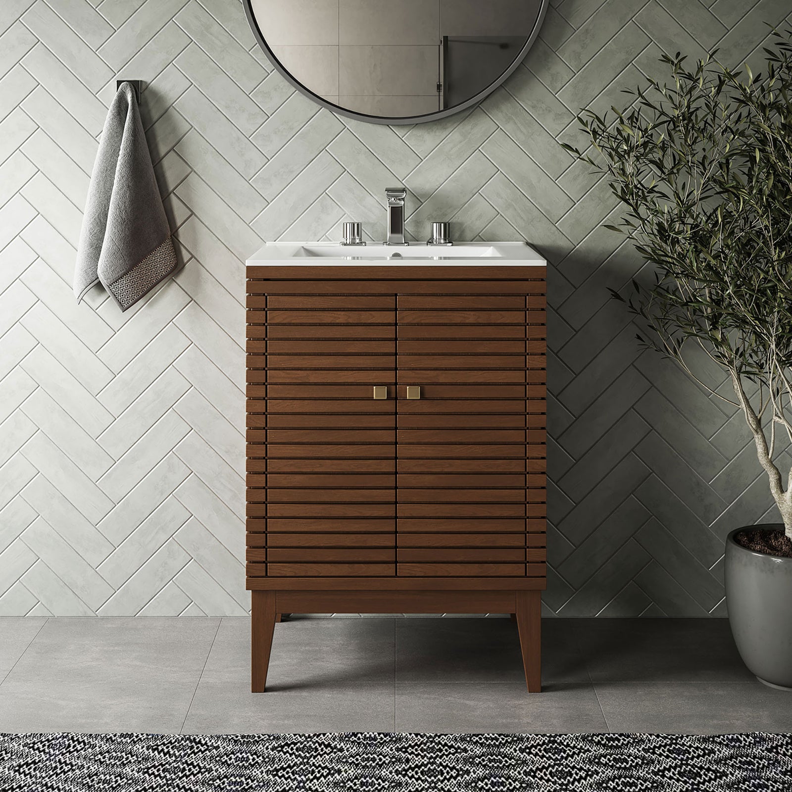 Modern bath vignette featuring a walnut slatted vanity with white integrated sink || EEI-5114-WAL-WHI || front_room