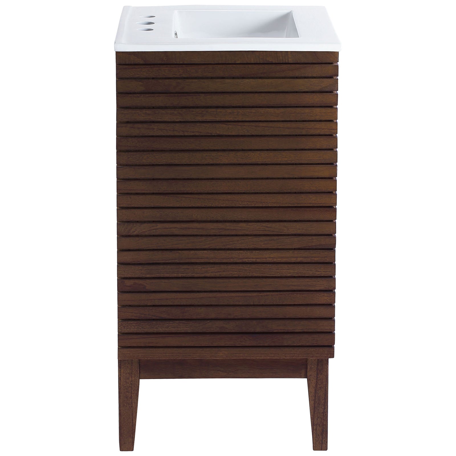 Linear wood slat detailing wraps the sides beneath a crisp white sink on a compact vanity || EEI-5114-WAL-WHI || side_studio