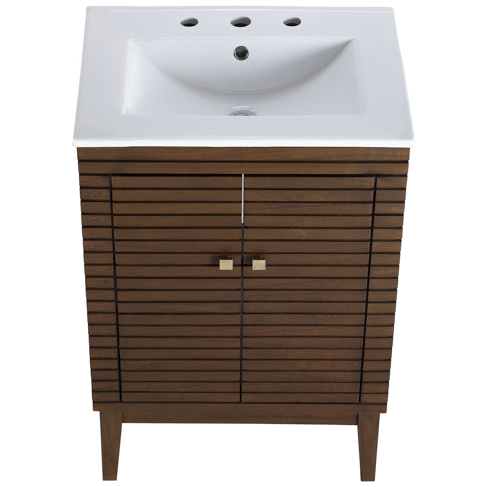 Integrated ceramic basin with three-hole widespread compatibility tops the walnut cabinet || EEI-5114-WAL-WHI || top_studio