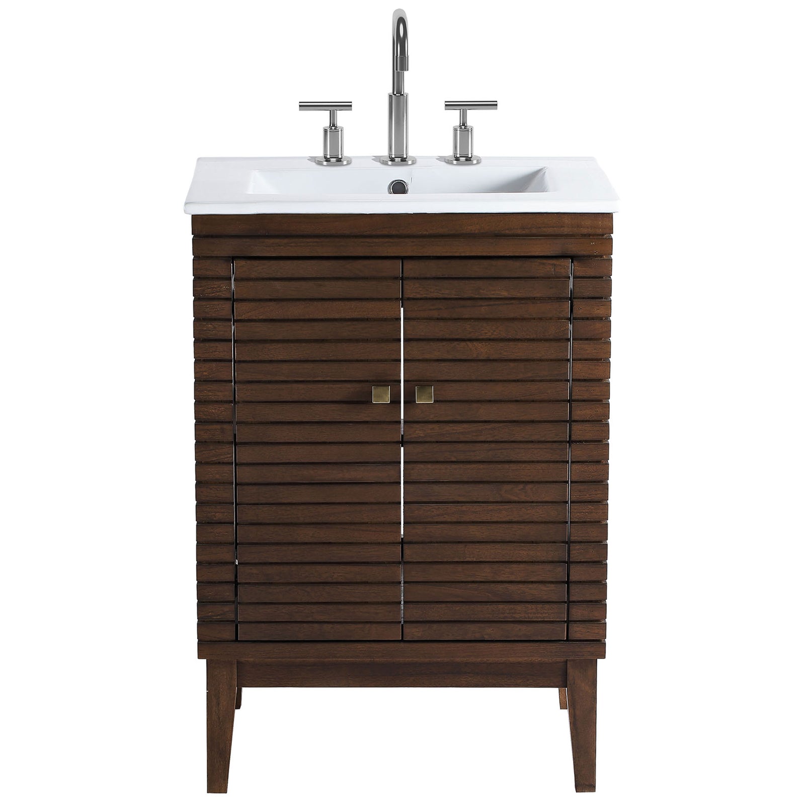 Walnut vanity with linear wood facade, integrated rectangular sink, and brass hardware || EEI-5114-WAL-WHI || front_studio