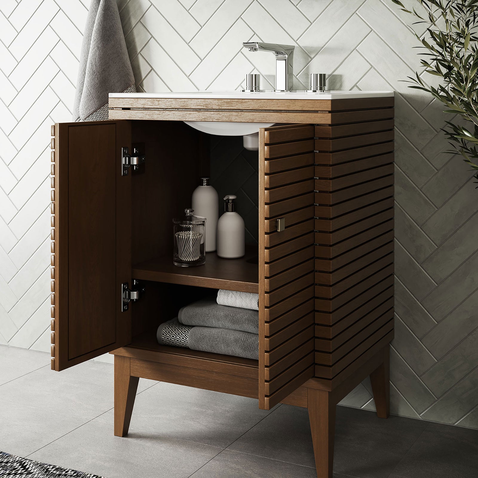 Open cabinet reveals two shelves for towels and toiletries in a clean, modern bathroom || EEI-5114-WAL-WHI || front_angle_open_room