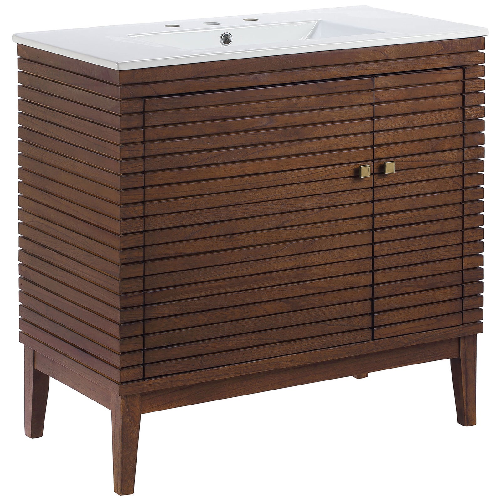 Mid-century walnut cabinet with linear slat design, tapered legs, and an integrated sink || EEI-5115-WAL-WHI || front_angle_studio