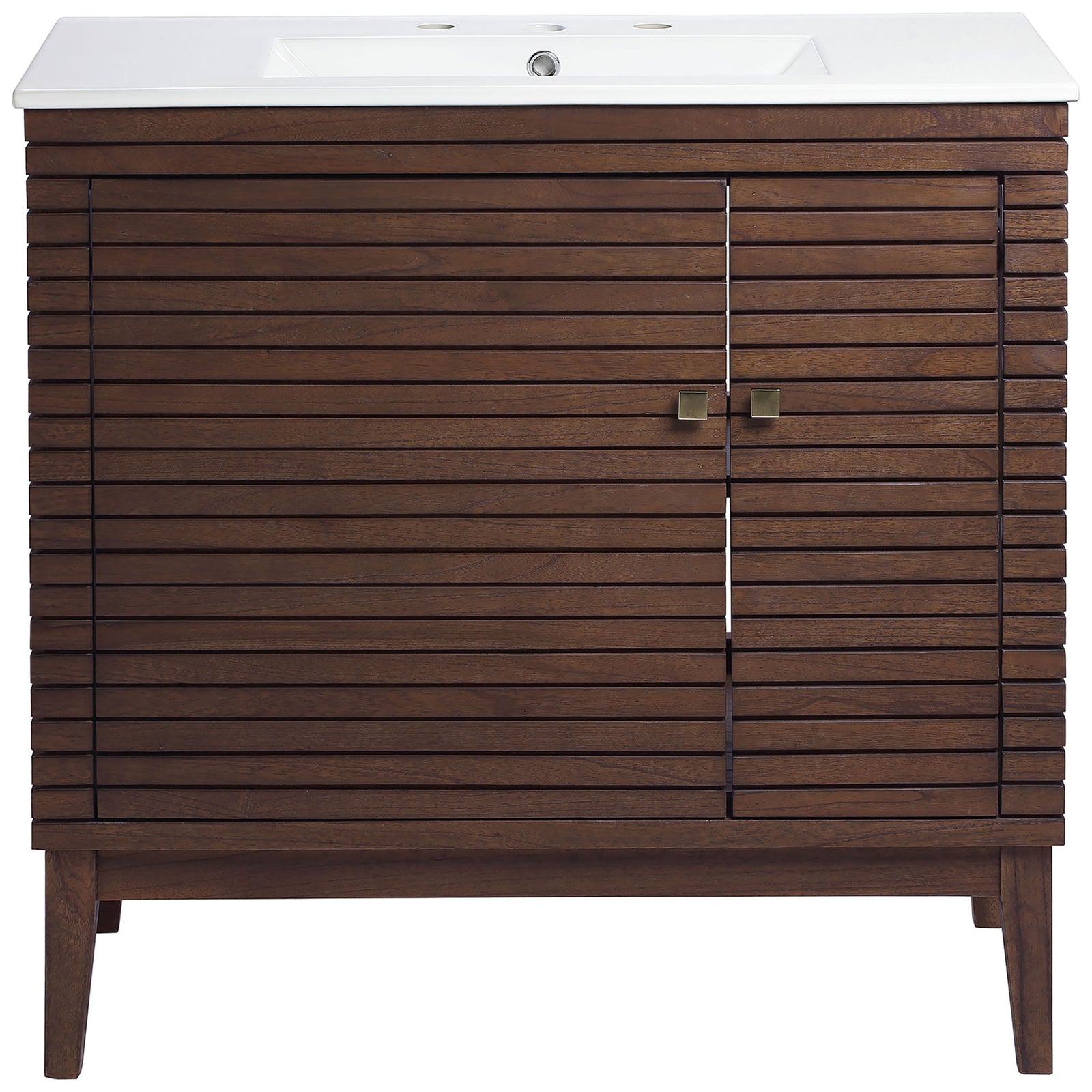 Sleek walnut slatted vanity with white integrated sink and square brass pulls || EEI-5115-WAL-WHI || front_studio