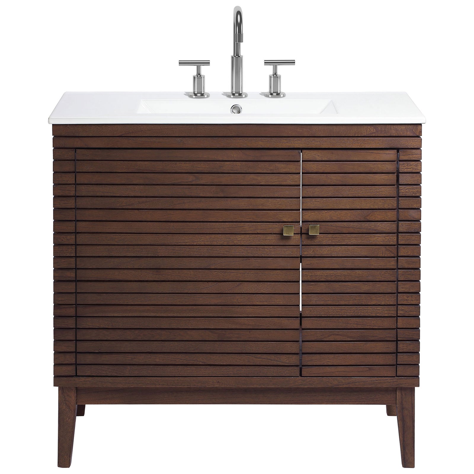 Streamlined walnut vanity with integrated basin and brass hardware for a polished look || EEI-5115-WAL-WHI || front_studio