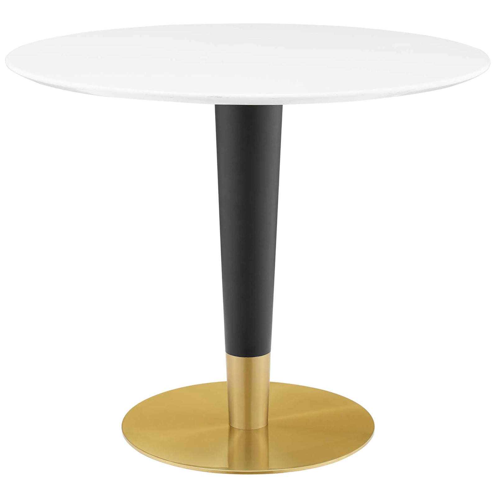 Round white 36 inch dining table with sleek black and gold pedestal base || EEI-5117-GLD-WHI || front_studio