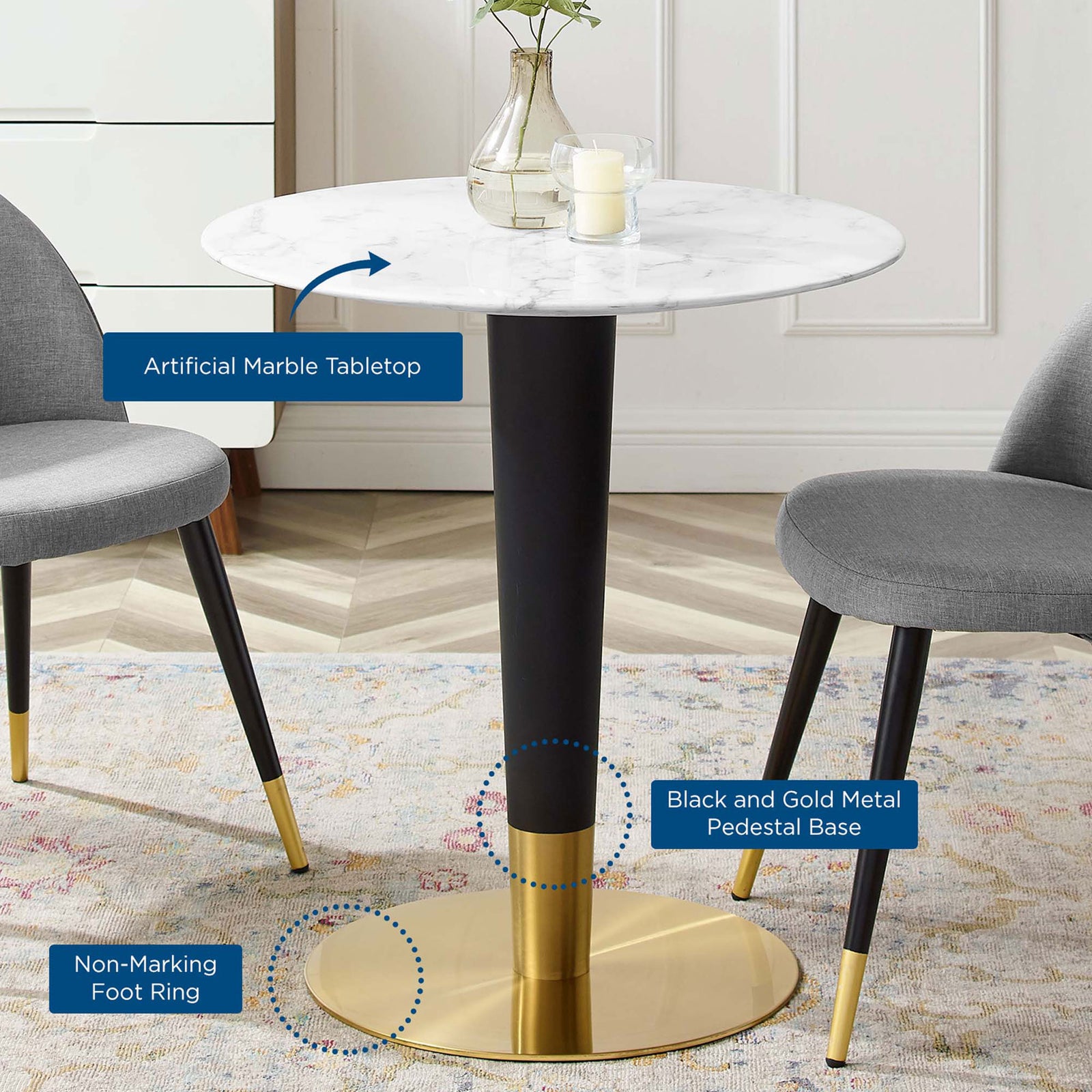 Round faux marble pedestal table styled with chairs, highlighting black and gold base details || EEI-5121-GLD-WHI || callout_room