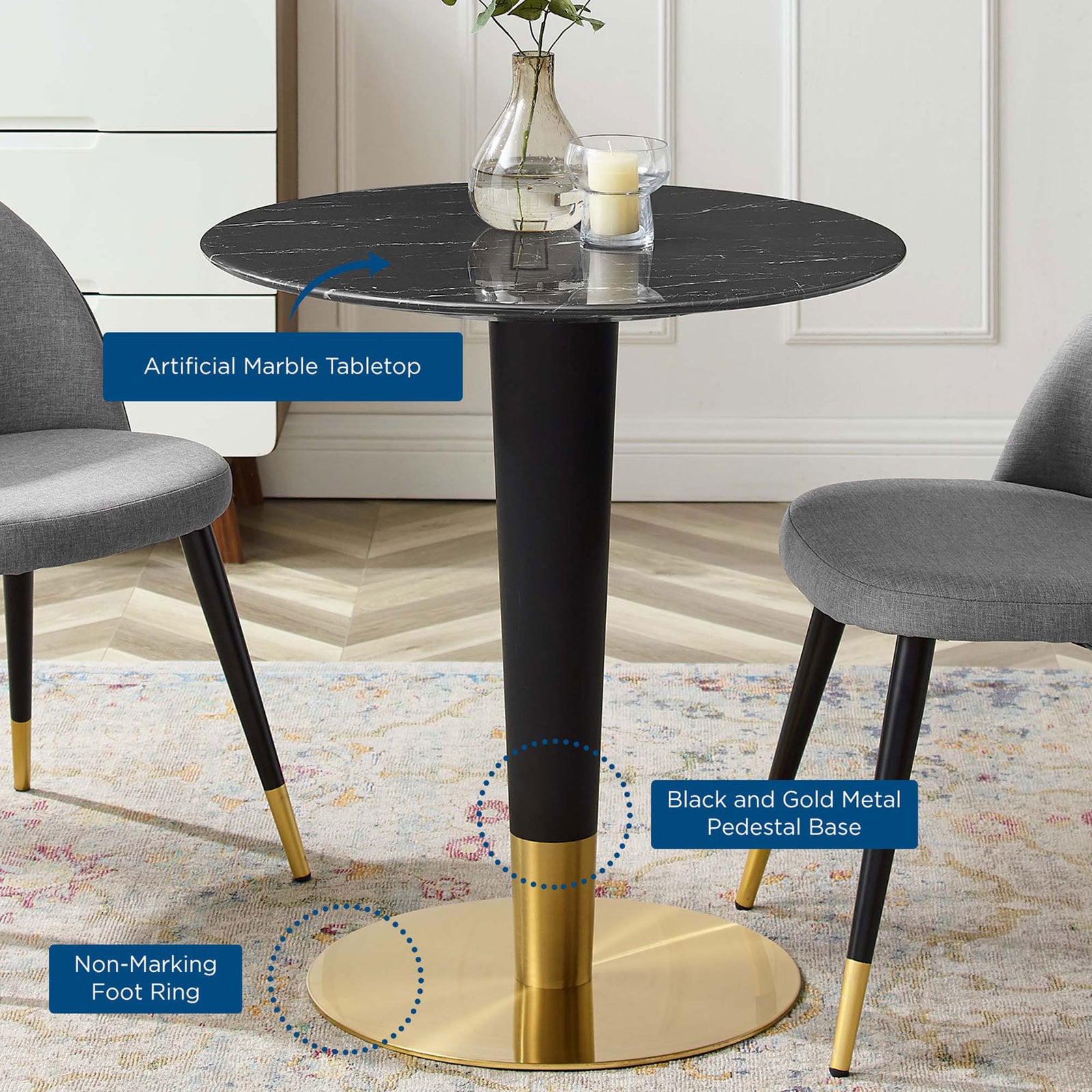 Features labeled artificial marble tabletop, black and gold pedestal base, and nonmarking foot ring || EEI-5131-GLD-BLK || callout_room