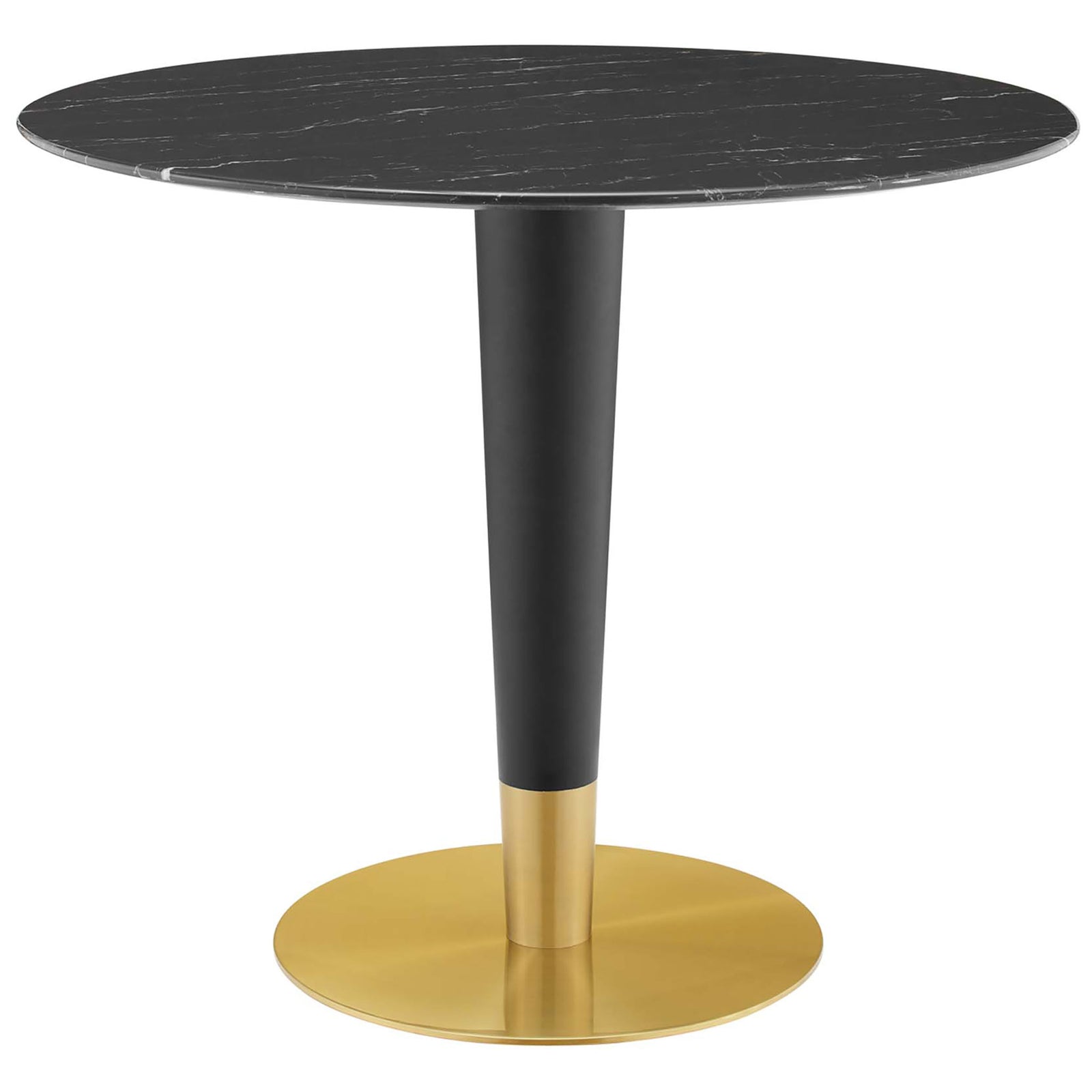 Larger round black artificial marble dining table with slim black and gold pedestal base || EEI-5132-GLD-BLK || front_angle_studio