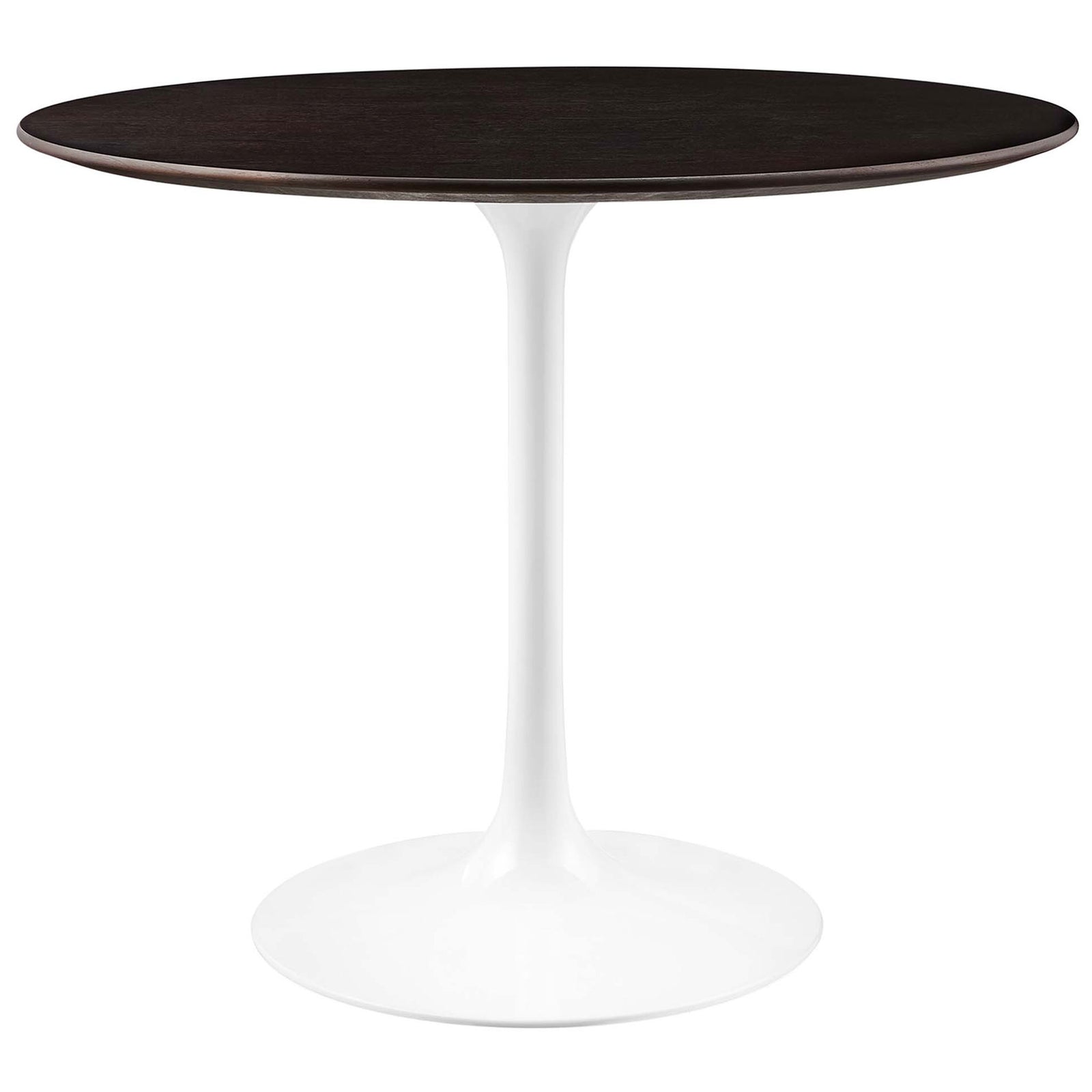 Round brown wood dining table with sleek white tulip pedestal base || EEI-5157-WHI-CHE || front_studio